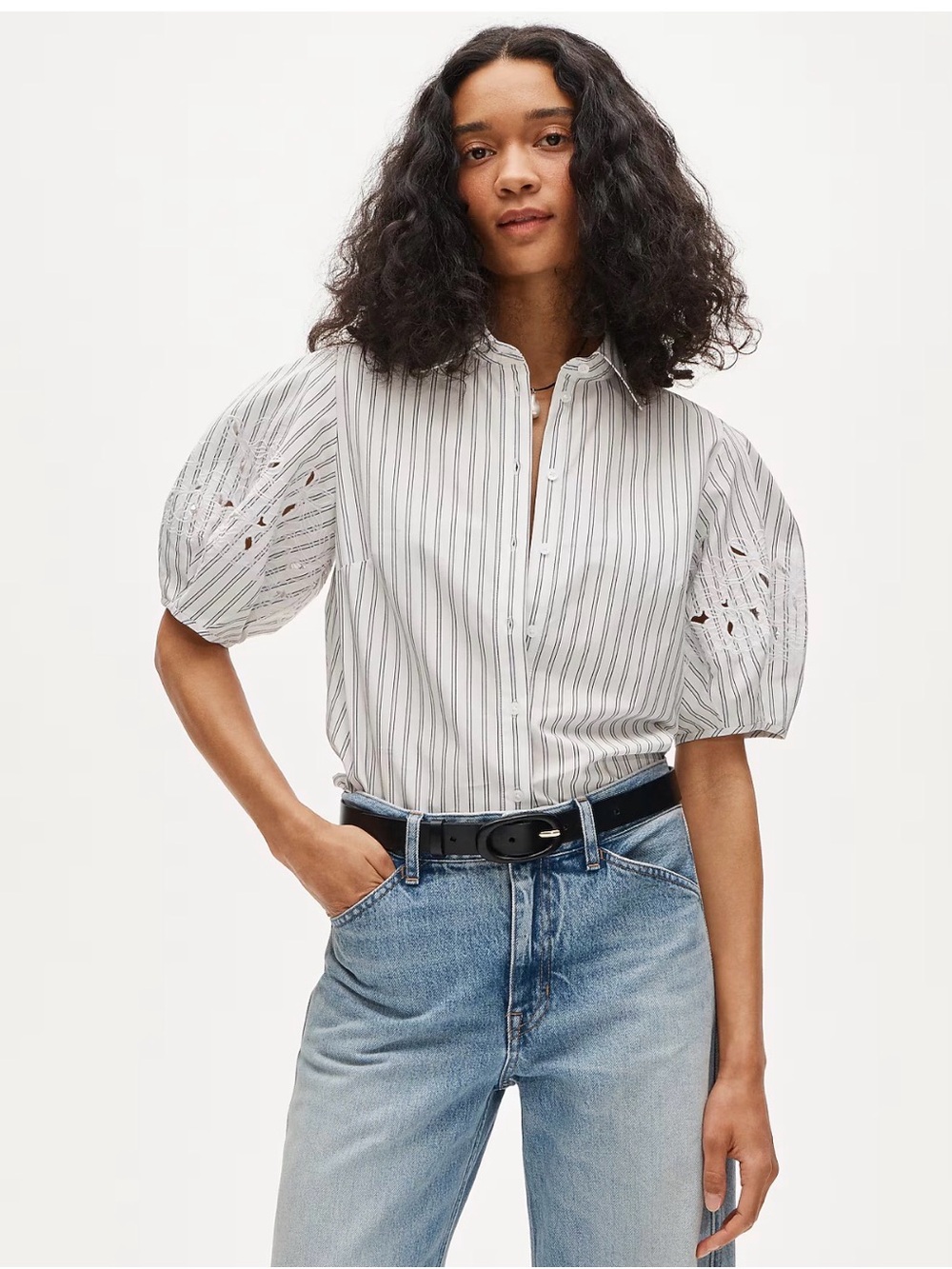 J. Crew Cotton Eyelet Puff Sleeve Shirt in Striped Poplin White Blue Sz. 6 $158